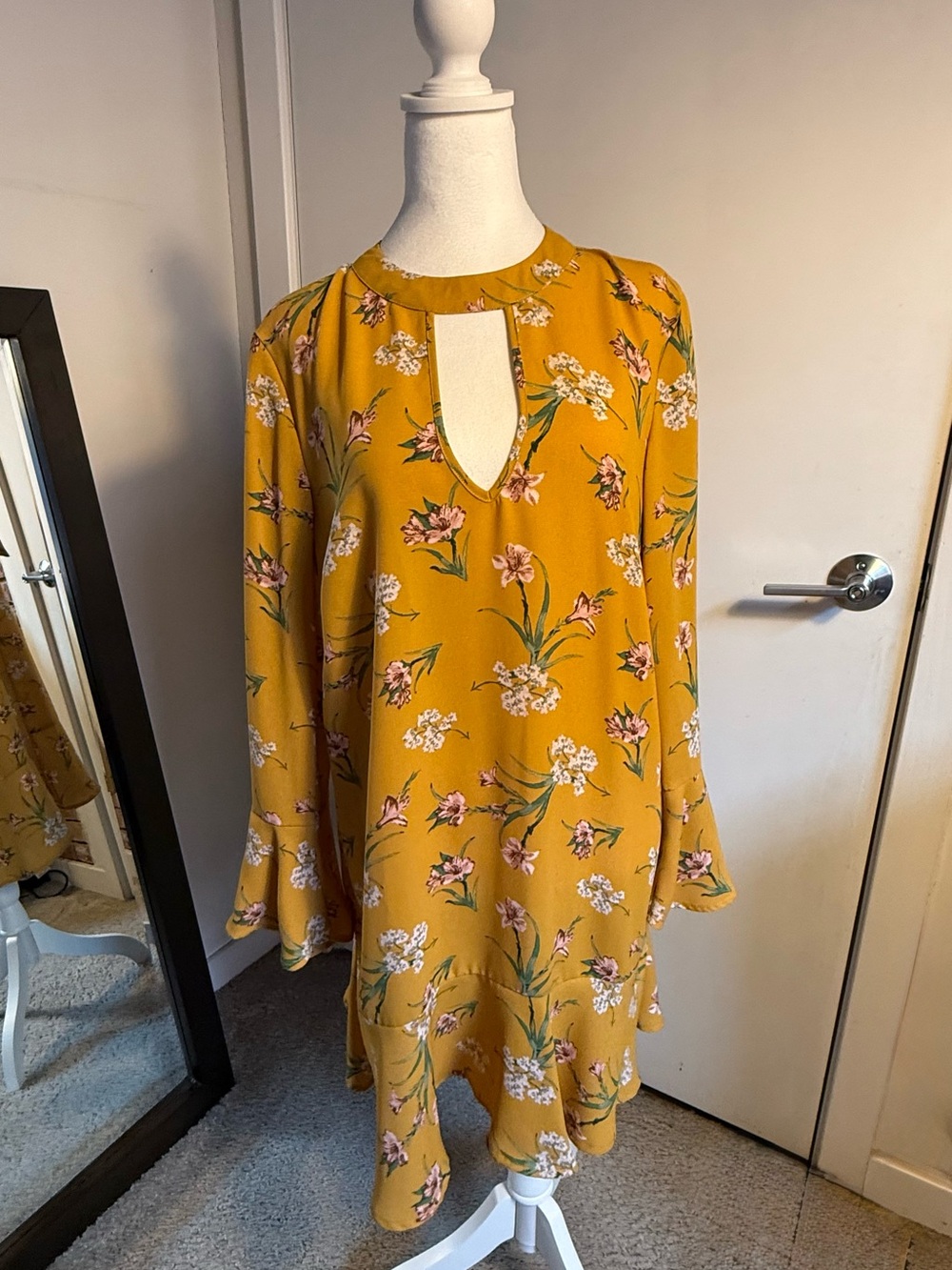 Xhilaration Mustard Yellow Floral Long Sleeve Tie-Back Dress